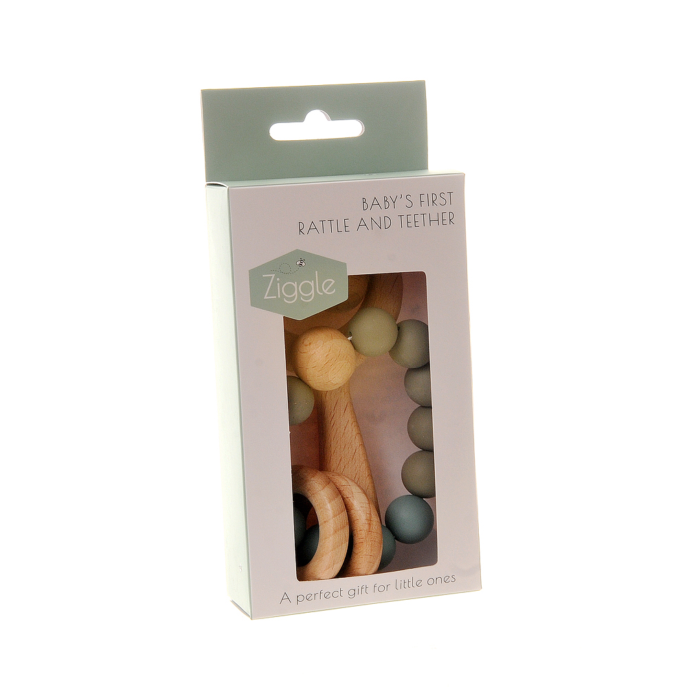 Anneau de dentition et hochet en bois - bleu gris pour la vente par Ziggle Baby