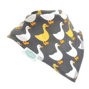 Funky Farm Geese in yellow and white decorate this gorgeous grey dribble bib. Perfect with every outfit!